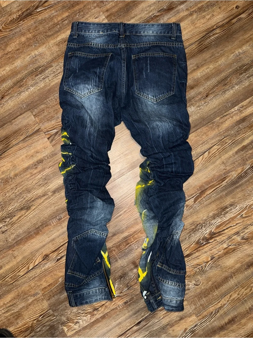 Men's Dark Wash Jeans with Yellow Lightning Graphic